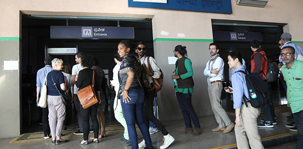 retreat participants entering metro